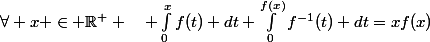 \forall x \in \R^+ \quad \int_{0}^{x}{f(t) dt+\int_{0}^{f(x)}{f^{-1}(t) dt=xf(x)
