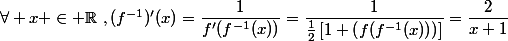\forall x \in \mathbb{R}~,(f^{-1})'(x)=\dfrac{1}{f'(f^{-1}(x))}=\dfrac{1}{\frac{1}{2}\left[1+\left(f(f^{-1}(x))\right)\right]}=\dfrac{2}{x+1}