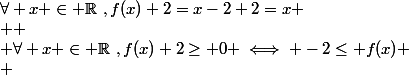 \forall x \in \mathbb{R}~,f(x)+2=x-2+2=x
 \\ 
 \\ \forall x \in \mathbb{R}~,f(x)+2\geq 0 \iff -2\leq f(x)
 \\ 