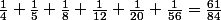 \frac{1}{4}+\frac{1}{5}+\frac{1}{8}+\frac{1}{12}+\frac{1}{20}+\frac{1}{56}=\frac{61}{84}