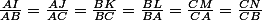 \frac{AI}{AB}=\frac{AJ}{AC}=\frac{BK}{BC}=\frac{BL}{BA}=\frac{CM}{CA}=\frac{CN}{CB}