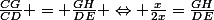 \frac{CG}{CD} = \frac{GH}{DE} \Leftrightarrow \frac{x}{2x}=\frac{GH}{DE}