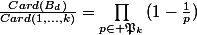 \frac{Card(B_{d})}{Card({1,...,k})}=\prod_{p\in \mathfrak{P}_{k}}}^{}{(1-\frac{1}{p})}