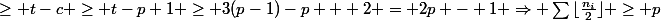 2\sum{\lfloor\frac{n_i}{2}\rfloor}&nbsp;&nbsp;\ge t-c \ge t-p+1 \ge 3(p-1)-p + 2 = 2p - 1 \Rightarrow \sum{\lfloor\frac{n_i}{2}\rfloor} \ge p