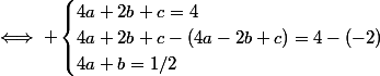 \iff \begin{cases}4a+2b+c=4\\4a+2b+c-(4a-2b+c)=4-(-2)\\4a+b=1/2\\\end{cases}