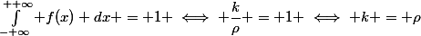 \int^{+ \infty}_{- \infty} f(x) dx = 1 \iff \dfrac{k}{\rho} = 1 \iff k = \rho