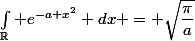 \int_{\R} e^{-a x^2} dx = \sqrt{\dfrac{\pi}{a}}