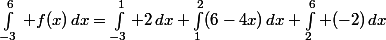 \int_{-3}^6\, f(x)\,dx=\int_{-3}^1 2\,dx+\int_{1}^2(6-4x)\,dx+\int_{2}^6 (-2)\,dx