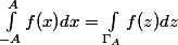 \int_{-A}^{A}{f(x)dx}=\int_{\Gamma_A}{f(z)dz}