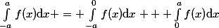 \int_{-a}^{a}f(x)\mathrm{d}x = \int_{-a}^{0}f(x)\mathrm{d}x + \int_{0}^{a}f(x)\mathrm{d}x