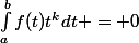 \int_{a}^{b}{f(t)t^kdt} = 0