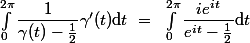 \int_0^{2\pi}\dfrac{1}{\gamma(t)-\frac{1}{2}}\gamma'(t)\mathrm{d}t~=~\int_0^{2\pi}\dfrac{ie^{it}}{e^{it}-\frac{1}{2}}\mathrm{d}t