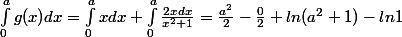 \int_0^{a}g(x)dx=\int_0^{a}xdx+\int_0^{a}\frac{2xdx}{x^2+1}=\frac{a^2}{2}-\frac{0}{2}+ln(a^2+1)-ln1
