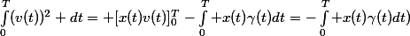 \int_0^T(v(t))^2 dt= [x(t)v(t)]_0^T-\int_0^T x(t)\gamma(t)dt=-\int_0^T x(t)\gamma(t)dt)
