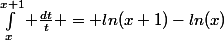 \int_x^{x+1} \frac{dt}{t} = ln(x+1)-ln(x)