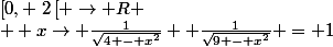 \left[0, \right2\left[ \rightarrow R \\  x\rightarrow \frac{1}{\sqrt{4 - x^{2}}} +\frac{1}{\sqrt{9 - x^{2}}} = 1