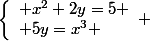 \left\{\begin{array}{l} x^2+2y=5 \\ 5y=x^3 \end{array} \right.