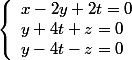 \left\{\begin{array}{l}x-2y+2t=0\\y+4t+z=0\\y-4t-z=0\end{array}\right.