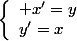 \left\{\begin{array}{lcl} x'=y\\y'=x\end{array}