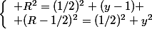 \left\{\begin{array}l R^2=(1/2)^2+(y-1)
 \\ (R-1/2)^2=(1/2)^2+y^2\end{array}\right.