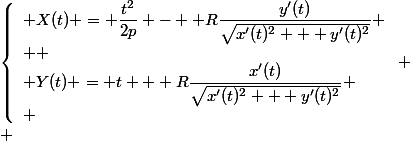 \left\{\begin{array}l X(t) = \dfrac{t^2}{2p} -  R\dfrac{y'(t)}{\sqrt{x'(t)^2 + y'(t)^2}}
 \\ 
 \\ Y(t) = t + R\dfrac{x'(t)}{\sqrt{x'(t)^2 + y'(t)^2}}
 \\ \end{array}\right.
 \\ 