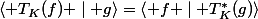 \left\langle T_K(f) \mid g\right\rangle=\left\langle f \mid T^*_K(g)\right\rangle