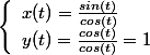 \left\lbrace\begin{array}{l}x(t)=\frac{sin(t)}{cos(t)}\\y(t)=\frac{cos(t)}{cos(t)}=1\end{array}\right.