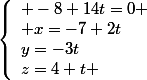 \left\lbrace\begin{array}l -8+14t=0 \\ x=-7+2t\\y=-3t\\z=4+t \end{array}