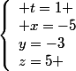 \left\lbrace\begin{array}l t=1 \\ x=-5\\y=-3\\z=5 \end{array}