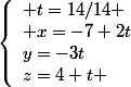 \left\lbrace\begin{array}l t=14/14 \\ x=-7+2t\\y=-3t\\z=4+t \end{array}