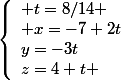 \left\lbrace\begin{array}l t=8/14 \\ x=-7+2t\\y=-3t\\z=4+t \end{array}