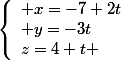 \left\lbrace\begin{array}l x=-7+2t\\ y=-3t\\z=4+t \end{array}