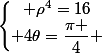\left\lbrace\begin{matrix} \rho^4=16\\ 4\theta=\dfrac{\pi }{4} \end{matrix}\right.