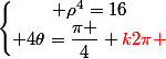 \left\lbrace\begin{matrix} \rho^4=16\\ 4\theta=\dfrac{\pi }{4}+\red{k2\pi} \end{matrix}\right.