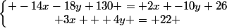 \left\lbrace\begin{matrix} -14x-18y+130 = 2x -10y+26\\ 3x + 4y = 22 \end{matrix}\right.