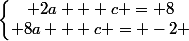 \left\lbrace\begin{matrix} 2a + c = 8\\ 8a + c = -2 \end{matrix}\right.