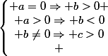 \left\lbrace\begin{matrix} a=0\Rightarrow b>0 \\ a>0\Rightarrow b<0\\ b\neq0\Rightarrow c>0\\ \end{matrix}\right.