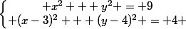\left\lbrace\begin{matrix} x^2 + y^2 = 9\\ (x-3)^2 + (y-4)^2 = 4 \end{matrix}\right.