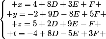 \left\lbrace\begin{matrix} x=4+8D+3E+F \\ y=-2+9D-8E+5F \\ z=5+2D+9E-F \\ t=-4+8D-5E+3F \end{matrix}\right.