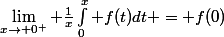\lim\limits_{x\to 0^+} \frac{1}{x}\int_0^x f(t)dt = f(0)