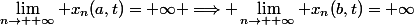 \lim_{n\rightarrow +\infty} x_n(a,t)=+\infty \Longrightarrow \lim_{n\rightarrow +\infty} x_n(b,t)=+\infty