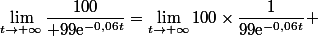 \lim_{t\to+\infty}\dfrac{100}{ 99\text{e}^{-0,06t}}=\lim_{t\to+\infty}100\times\dfrac{1}{99\text{e}^{-0,06t}} 