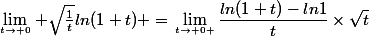 \lim_{t\to 0\atop} \sqrt\frac{1}{t}ln(1+t) =\lim_{t\to 0 \atop}\dfrac{ln(1+t)-ln1}{t}\times\sqrt{t}