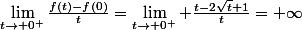 \lim_{t\to 0^{+}}\frac{f(t)-f(0)}{t}=\lim_{t\to 0^{+}} \frac{t-2\sqrt{t}+1}{t}=+\infty