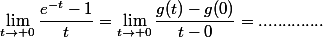 \lim_{t\to 0}\dfrac{e^{-t}-1}{t}=\lim_{t\to 0}\dfrac{g(t)-g(0)}{t-0}=..............