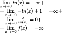 \lim_{x\to 0}ln(x)=-\infty
 \\ \lim_{x\to 0}-ln(x)+1=+\infty
 \\ \lim_{x\to 0}\frac{2}{ln(x)}=0
 \\ \lim_{x\to 0}f(x)=-\infty