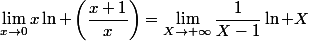 \lim_{x\to0}x\ln \left(\dfrac{x+1}{x}\right)=\lim_{X\to+\infty}\dfrac{1}{X-1}\ln X