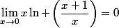 \lim_{x\to0}x\ln \left(\dfrac{x+1}{x}\right)=0