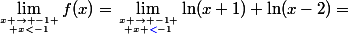 \lim_{x \to -1 \atop x<-1}f(x)=\lim_{x \to -1 \atop x {\blue{<}}-1}\ln(x+1)+\ln(x-2)=