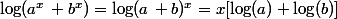 \log(a^x\, b^x)=\log(a\, b)^x=x[\log(a)+\log(b)]